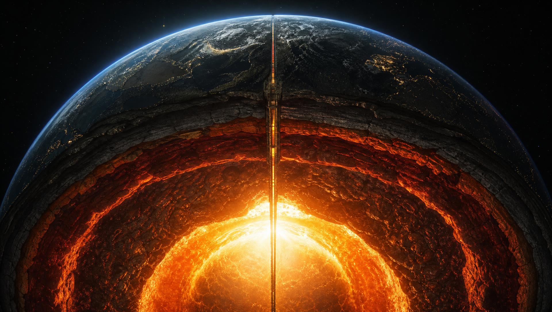 Cinematic cross-section of Earth showing crust, mantle and a glowing molten inner core with a drill shaft punching through